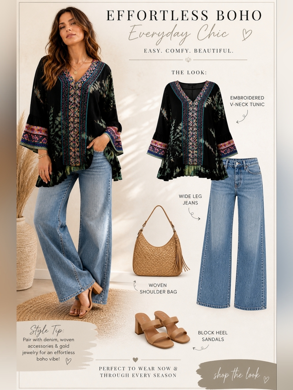 Caleoas Embroidered Cotton Tie Dye Boho Gauze Peplum Flare Sleeve Hippie Tunic